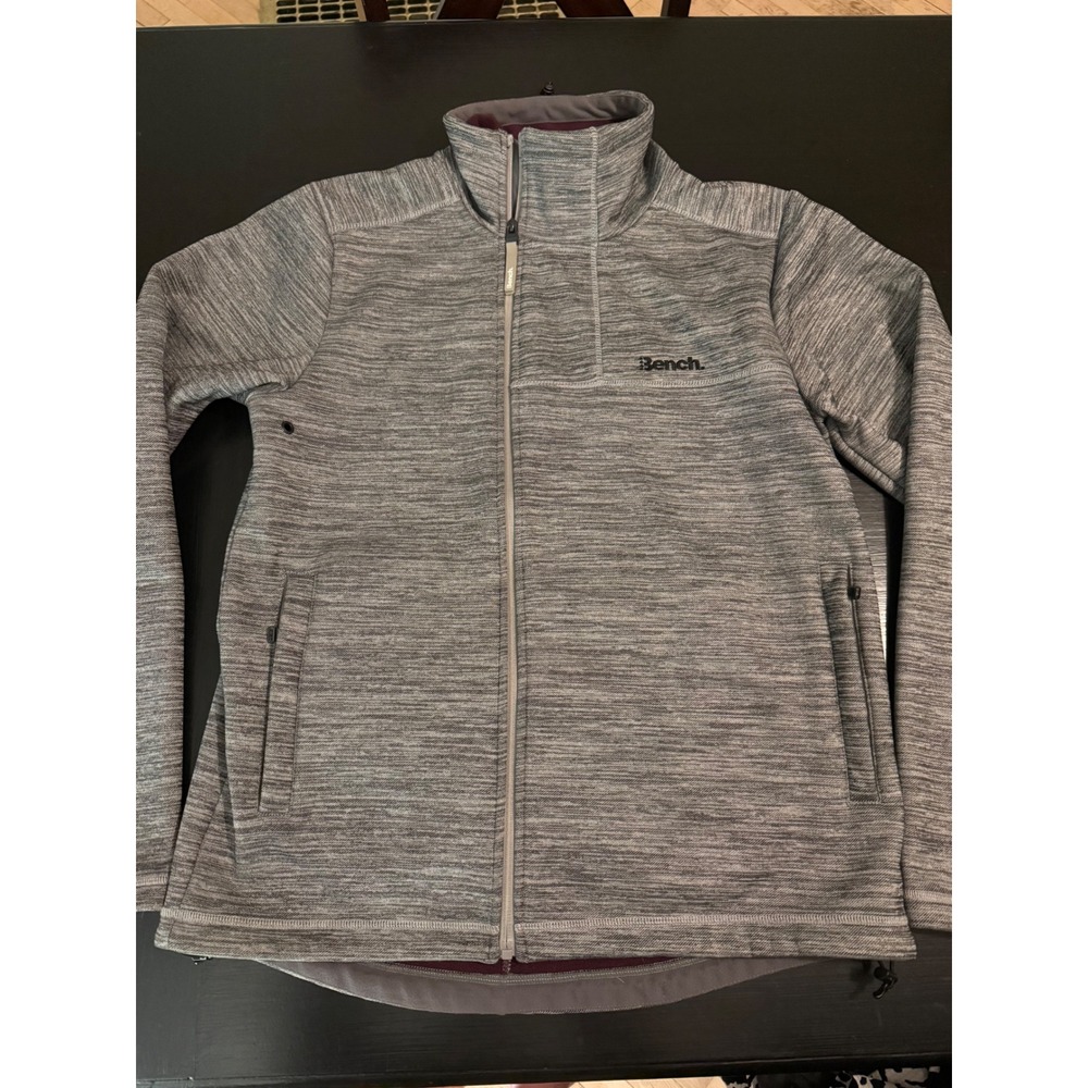 Bench Mens Full Zip Fleece Jacket Grey Space‎ Dye Mock Neck Burgundy Lining L